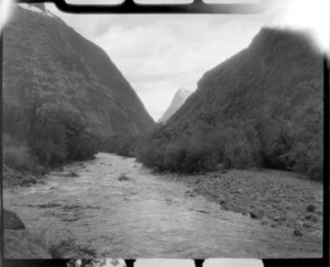 Arthur River, Milford Sound with Mitre Peak in background, Southland District