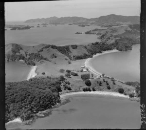 Orokawa Bay with buildings and farmland, with Pareanui Bay to the left and Te Angamate Bay in front, Bay of Islands, Northland