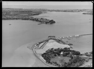 Westhaven, Auckland, showing the partial construction of the Auckland Harbour Bridge