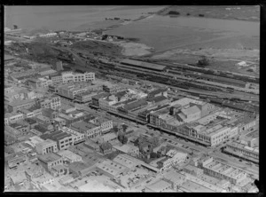 Invercargill city centre showing railway yards and New River Estuary in the distance