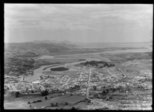 Whangarei, Northland, looking south over the township with Rugby Park in foreground with railway and marina on the Hatea River, to Whangarei Harbour beyond