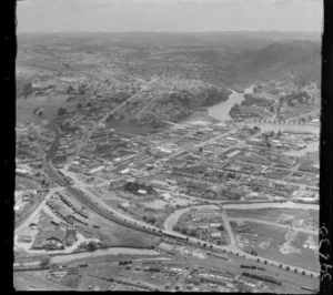 Whangarei, Northland, view north over railway yards and Railway Road to Bank Road, Raumanga Stream and central business district to the Hatea River