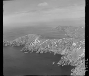 Doubtless Bay, Far North District, showing coastal cliffs, with Whangatupere Bay in the distance