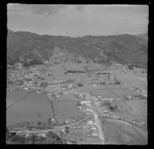 Coromandel township, Whangarahi Stream and Wharf Road in foreground and the Whangapoua Road State Highway 25 beyond, Thames-Coromandel District