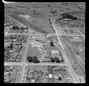 Ngaruawahia primary school and railway yards with the Great South Road, Waikato Region