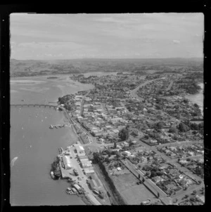 Tauranga wharf with The Strand, rail bridge and city, Bay of Plenty