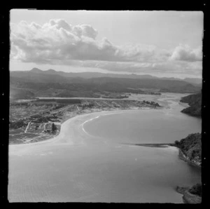 Whangamata Harbour with estuary and bar, houses and the Wentworth River, Whangamata, Thames-Coromandel District