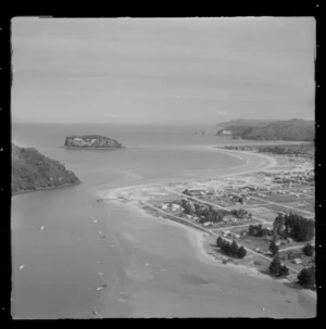 Wentworth River, Beach Road and Whangamata Beach with Hauturu Island beyond, Whangamata, Thames-Coromandel District