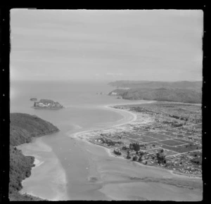 Wentworth River Estuary and Whangamata Beach with Hauturu Island beyond, Whangamata, Thames-Coromandel District