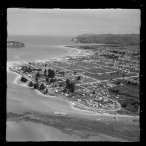 Whangamata with the Wentworth River and Beach Road, with Hauturu Island beyond, Thames-Coromandel District