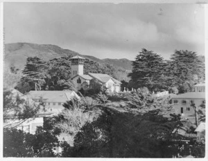 Bennett, P O, fl 1985 :Photograph of a view in Karori, Wellington, looking towards St Mary's Anglican Church, taken by J W Chapman-Taylor