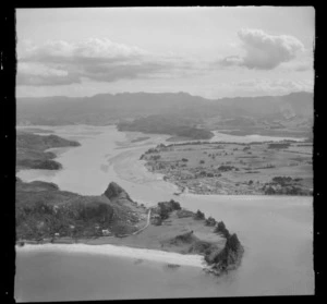 Whitianga Harbour and Township with Purangi Road, ferry landing and Maramaratotara Bay foreground, Thames-Coromandel District