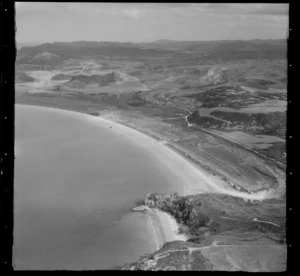 View along Cook's Beach with Purangi Road and Lonely Bay with walkways foreground, Whitianga, Thames-Coromandel District