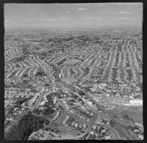 Mt Albert residential area with the New North Road, Eden Park and Mt Eden beyond, looking to Remuera, Auckland City