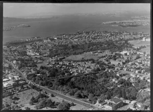 Grafton Road suspension bridge with Symonds Street and Grafton Road, Auckland Hospital and Museum, looking to Hobson Bay and harbour entrance, Auckland City