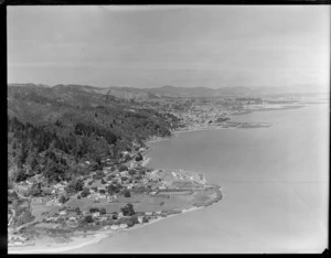 Tararu Road State Highway 25 north and settlement foreground, with Kuranui Bay looking back to Thames Township and the Firth of Thames, Waikato Region