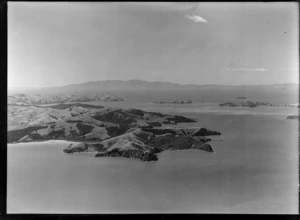 Southern Waiheke Island looking to the top end of the Coromandel Peninsula across the Hauraki Gulf, Auckland