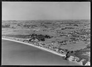 Eastern Beach with The Esplanade, East and Bucklands Beach Roads with radio masts, housing and farmland, looking south to Howick, Auckland City