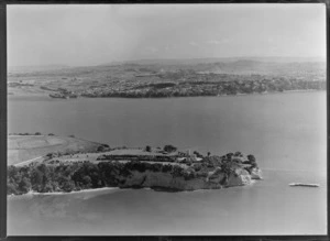 Musick Point with radio station building and masts, looking to Karaka Bay and Glendowie, Auckland City