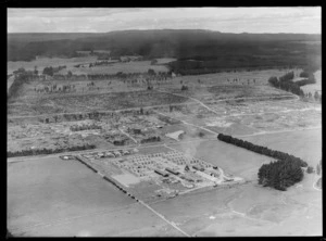 Egmont Box Company factory with saw mill and stacked lumber, with milled land and pine forest beyond, Tokoroa, Waikato Region
