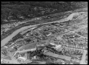 Lower Hutt City with High Street, Queens Drive and Civic Gardens with lawn bowls and tennis courts, Western Hutt Road and Hutt River beyond, Wellington Region