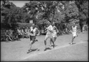 First lap of 880 yards running race at NZ versus South African Artillery sports at Maadi Sports Club grounds, Egypt - Photograph taken by George Kaye