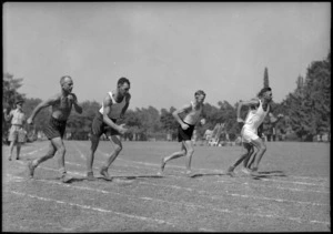 Beginning of the mile walk in NZ versus South African Artillery sports at Maadi Sports Club grounds, Egypt - Photograph taken by George Kaye