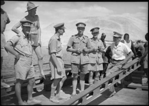 NZ Major Pemberton talking with Belgian officers during building of a pontoon bridge across Suez Canal, World War II - Photograph taken by George Kaye