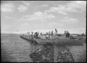 Floating span of rebuilt pontoon bridge across Suez Canal, World War II - Photograph taken by George Kaye