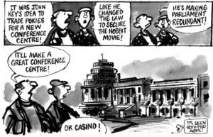 Evans, Malcolm Paul, 1945- :'It was John Key's idea to trade pokies for a new conference centre'. 18 April 2012