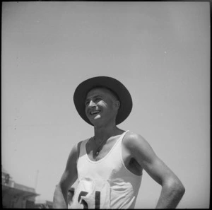 C J McCalman, winner of the three mile race at NZ Division Athletics Championships, Cairo, Egypt, World War II - Photograph taken by George Kaye