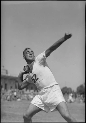 J Sutherland, winner of shot put, at the NZ Division Athletics Championships, Cairo, Egypt, World War II