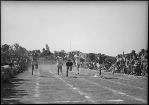 Finish of 100 yards race at NZ Division Athletics Championships, Cairo, Egypt, World War II - Photograph taken by George Kaye