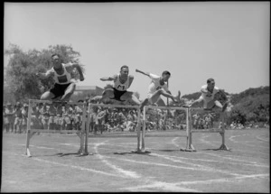 The 120 yards hurdles at NZ Division Athletics Championships, Cairo, Egypt, World War II - Photograph taken by George Kaye