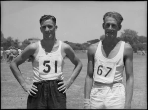 Findlay, winner of the 440 yards, with Poultney, runner up, at NZ Division Athletics Championships, Cairo, Egypt - Photograph taken by George Kaye