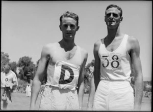 R E Johnston, winner of 880 yards race, with C Dickie at NZ Division Athletics Championships, Cairo, Egypt, World War II - Photograph taken by George Kaye