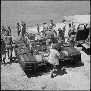 Carrier on shore after NZ Engineers experiment with amphibious bren carrier on the Nile at Maadi, Egypt - Photograph taken by George Bull