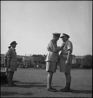 Brigadier Graham Beresford Parkinson receives DSO from General Bernard Freyberg at Maadi, Egypt - Photograph taken by George Kaye