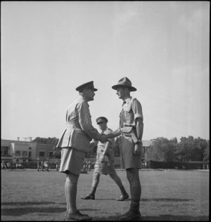 General Freyberg congratulates Lieutenant Colonel Fountaine on his DSO at 6 NZ Infantry Brigade parade at Maadi, Egypt - Photograph taken by George Kaye