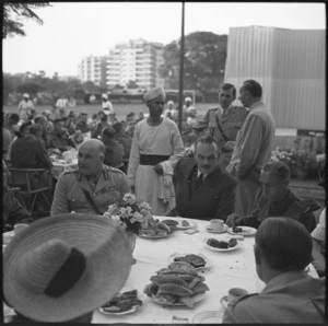 General Sir Henry Maitland Wilson and Minister Terence Shone at garden party for repatriated POWs, Gazira Sporting Club, Cairo