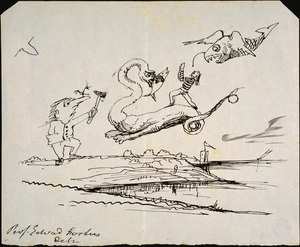 Forbes, Edward 1815-1854 :[Gideon Mantell engaged in battle with fantastic flying dinosaurs on the English coastline, 1830s?] / Prof. Edward Forbes delt.