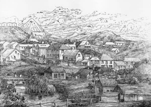 Arden, Hamar Humphrey 1815-1895 :View of Brougham Street, New Plymouth 1852. [New Plymouth] Taranaki Jubilee Chronicle [1891]