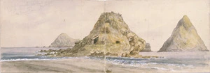 Dillbeg, Gustaf, 1858-1934 :New Plymouth from breakwater. Looking down the coast. The Sugar Loaves. Feby. 16th 1885.