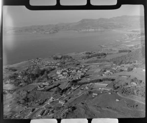 Seacliff coastal settlement with Seacliff Psychiatric Hospital and grounds with Russell Road, looking south to Blueskin Bay, Otago Region