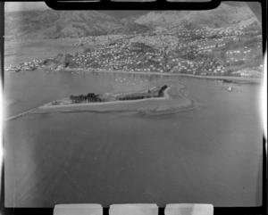 Entrance to the Port of Nelson Harbour with Haulashore Island in foreground, with port docks and industrial area and Nelson City beyond, Nelson Region