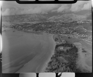 Tahunanui Beach and Moana residential area with Rocks Road along foreshore to port area, with Nelson City beyond, Tasman Bay, Nelson Region