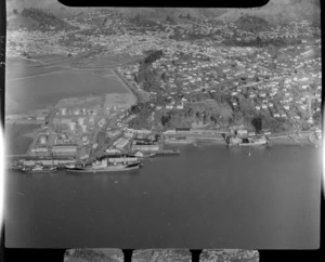 Port of Nelson docks and industrial area with the Maitai River Estuary, Nelson City and suburbs beyond, Nelson Region