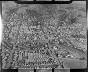 Nelson City and suburbs with greenhouses, the Maitai River and Trafalgar Park in foreground, Nelson Region