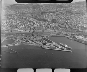 Dunedin waterfront, railway yards and station with Dunedin City beyond, Otago Harbour