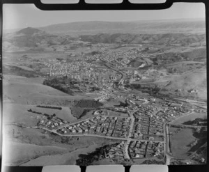 The suburb of Green Island with industrial and residential housing, timber mill and railway, South Dunedin, Otago Region